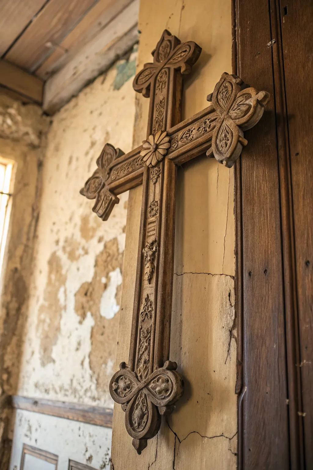 Antiquarian cross wall aesthetic flaunting historical allure.