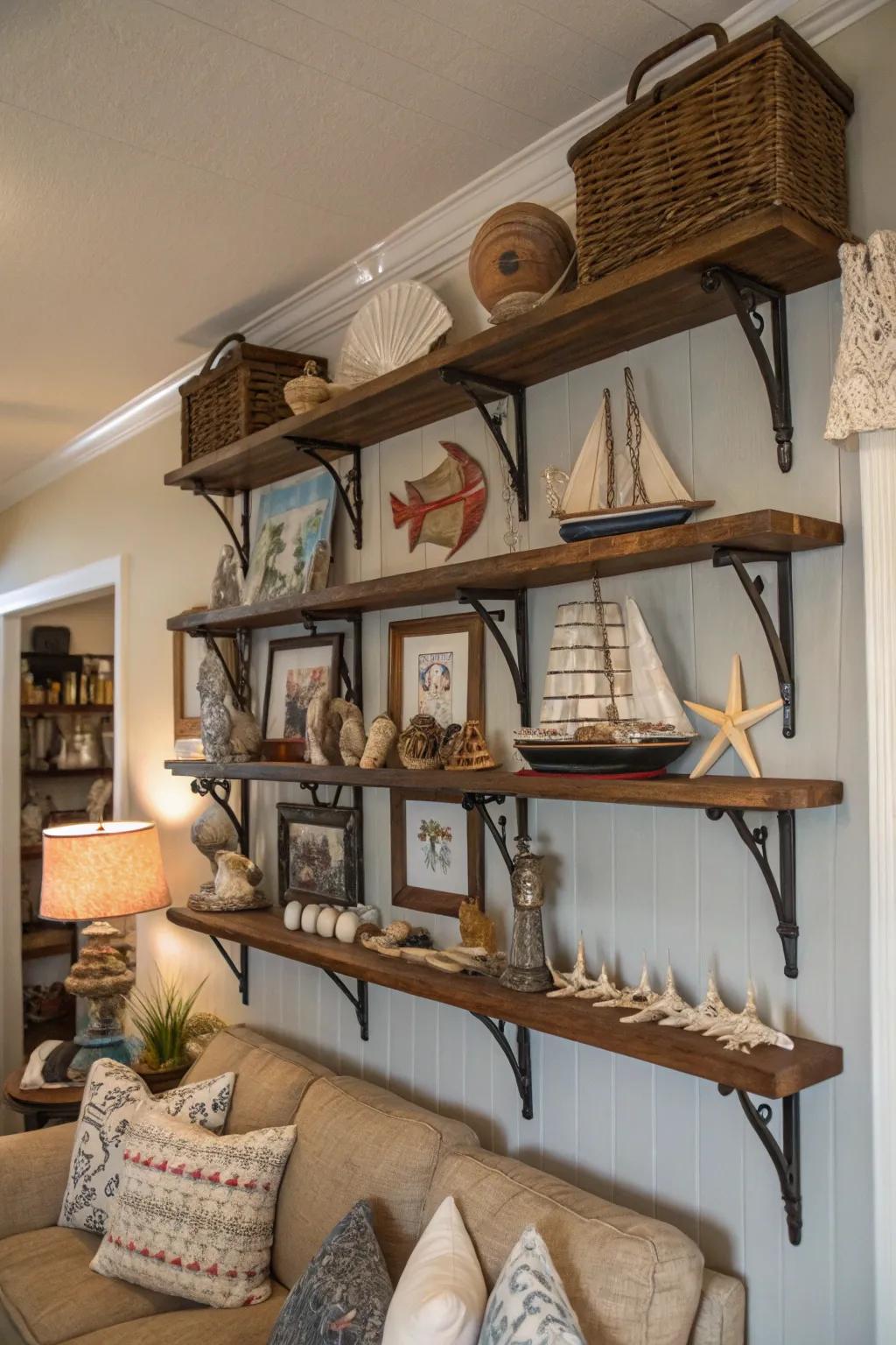 Shelves gracefully displaying nautical treasures.