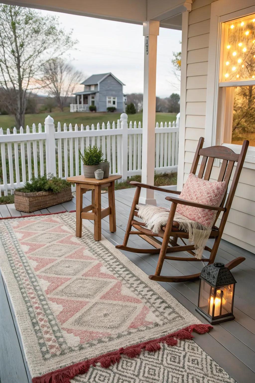 Layered rugs add to the character and comfort of any porch.