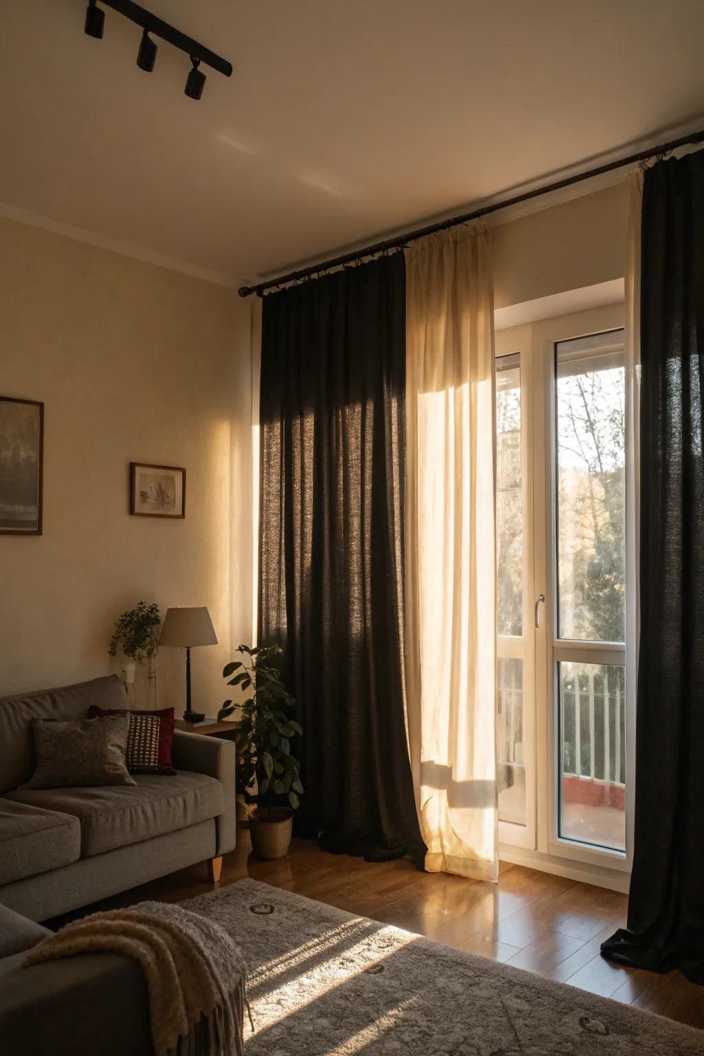 Window coverings exhibiting somber tonalities furnish an arresting contrast.
