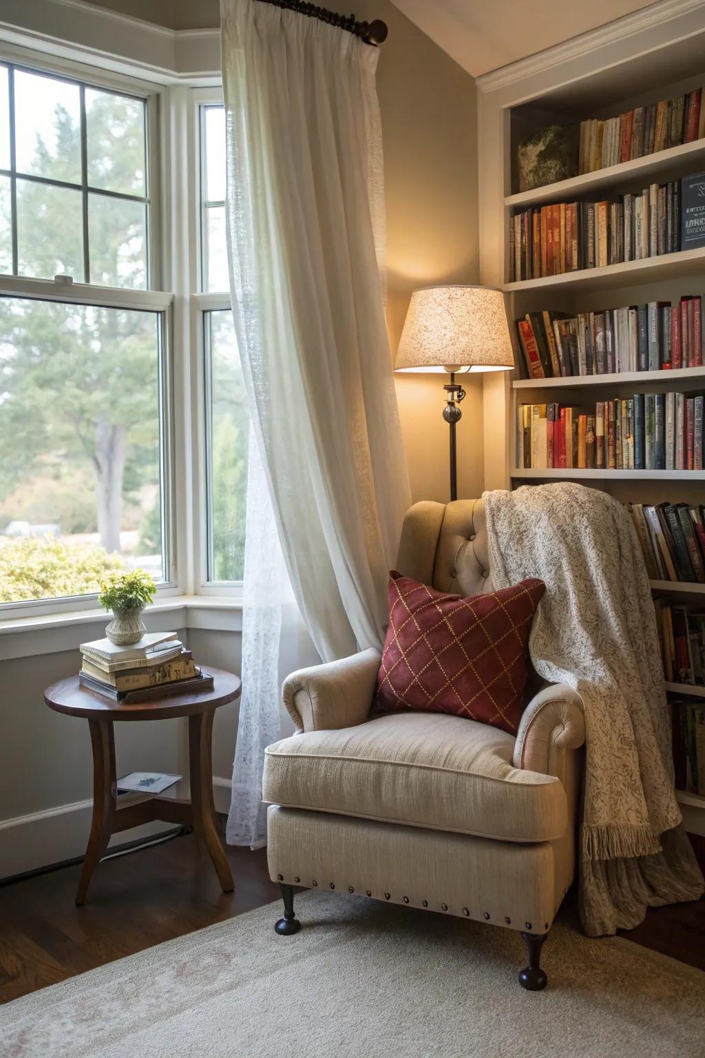 Curtain wall demarcating a cozy reading nook.