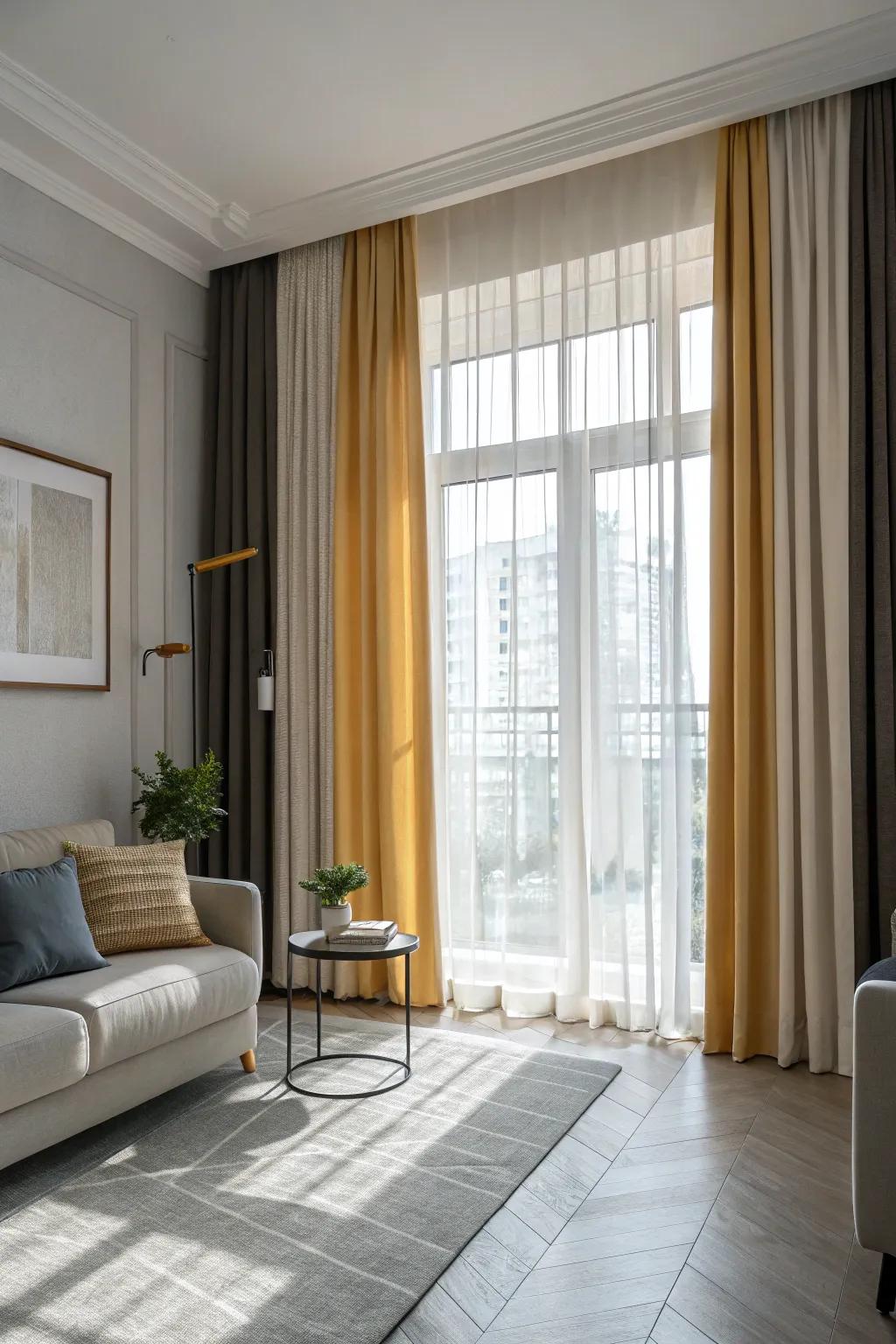 Two-tone coverings add depth and dimension to the decor.
