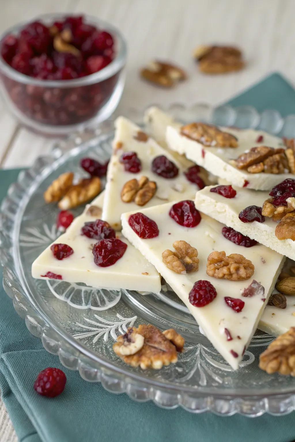 Elegant white chocolate bark with a festive twist.