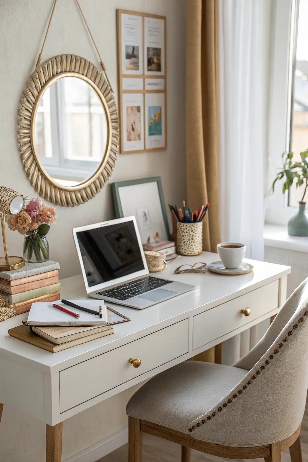 A desk featuring a small decorative mirror, enhancing brightness and creating a sense of space.