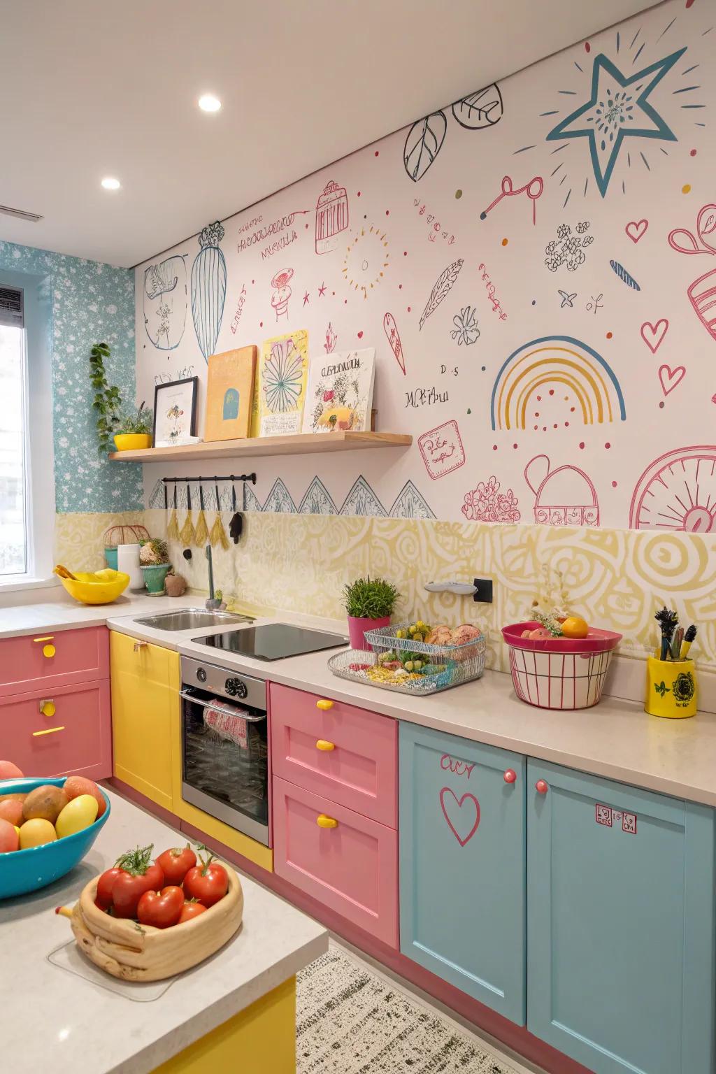 Spirited doodles add happiness and spontaneity to the cooking area.