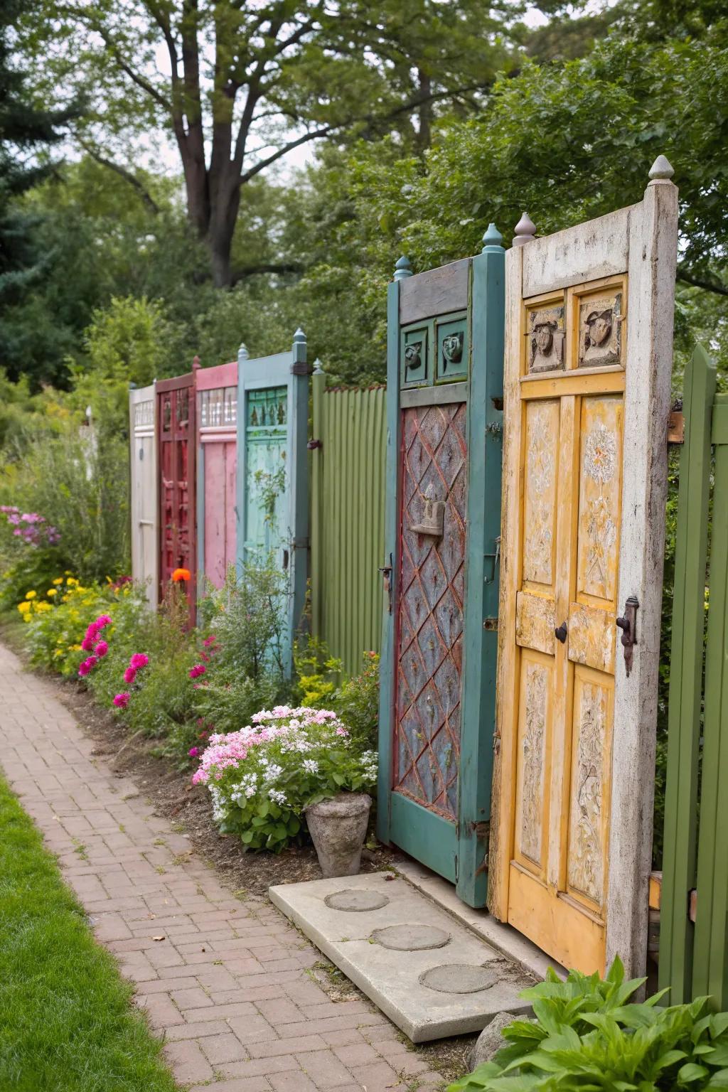 A fence of renewed doors includes country-style appeal and creativity.