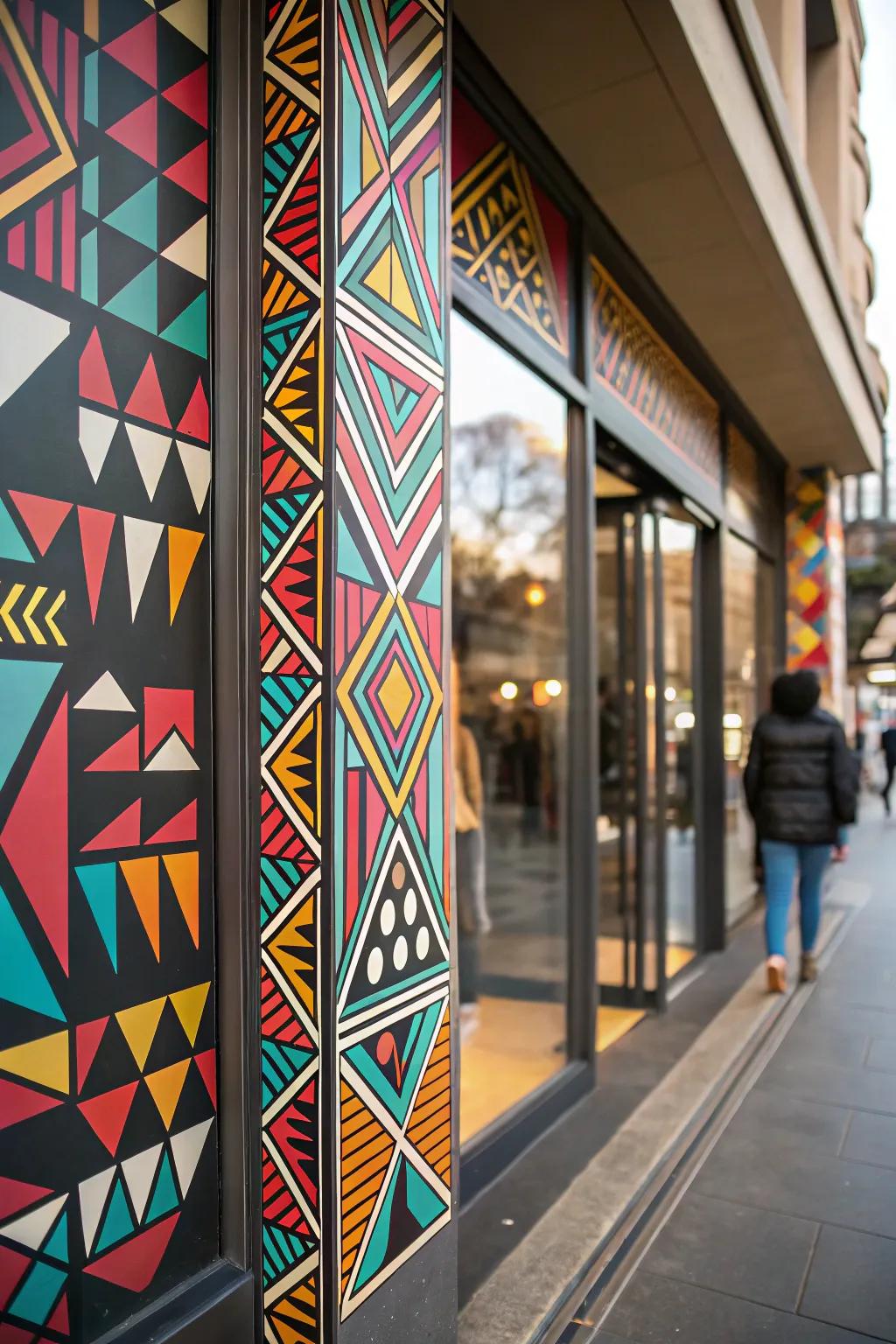 A shop front showcasing audacious geometric patterns, contributing a contemporary flair.