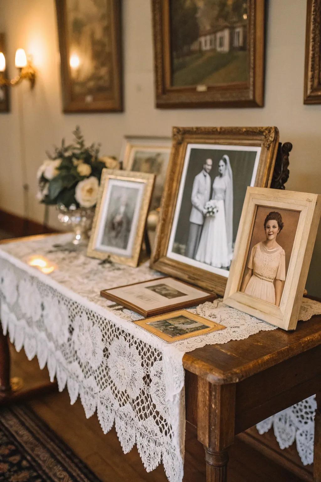 Aged photo display honoring family wedding history.