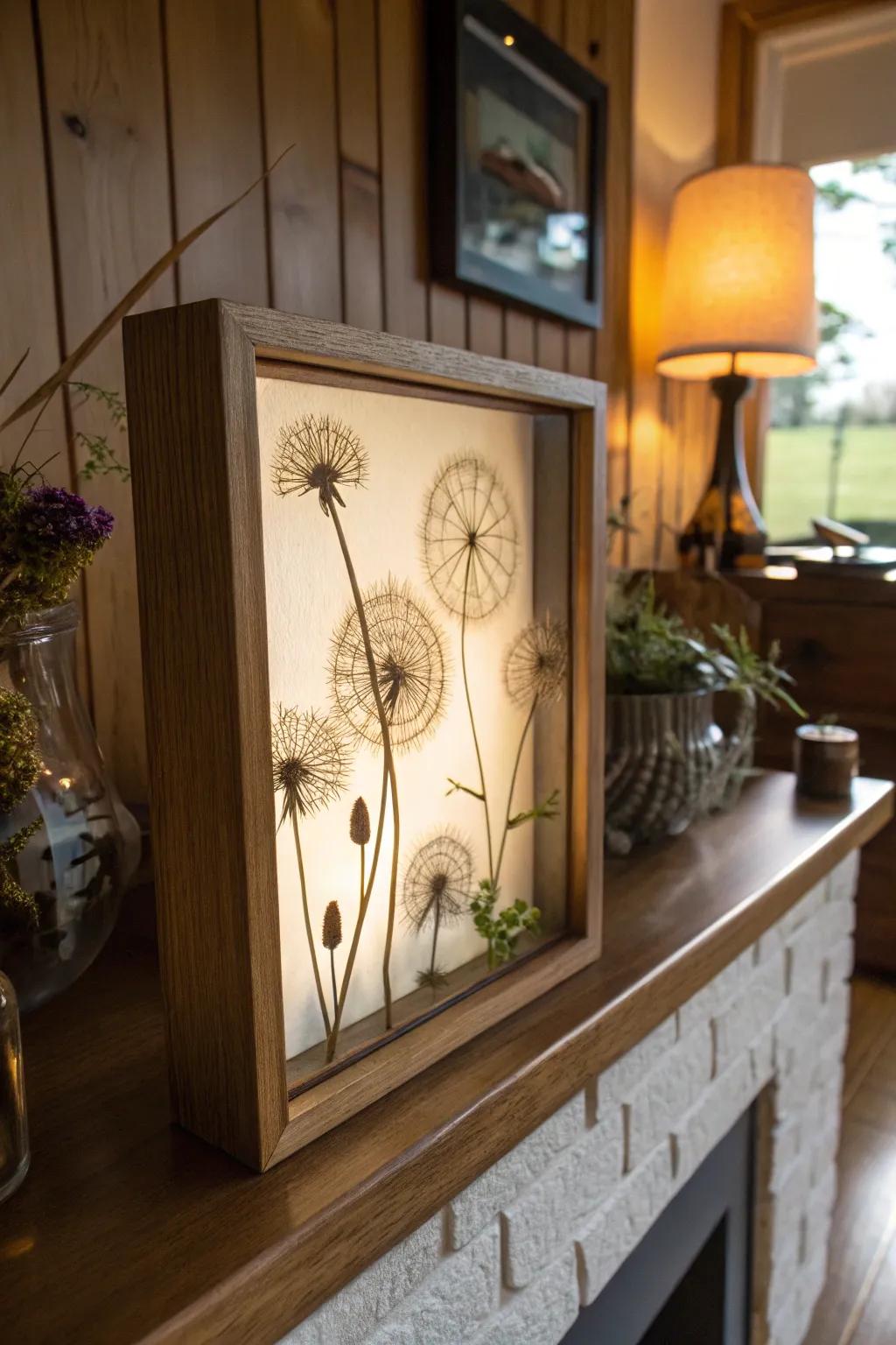 Shadow boxes delicately encapsulate the beauty of dandelions.