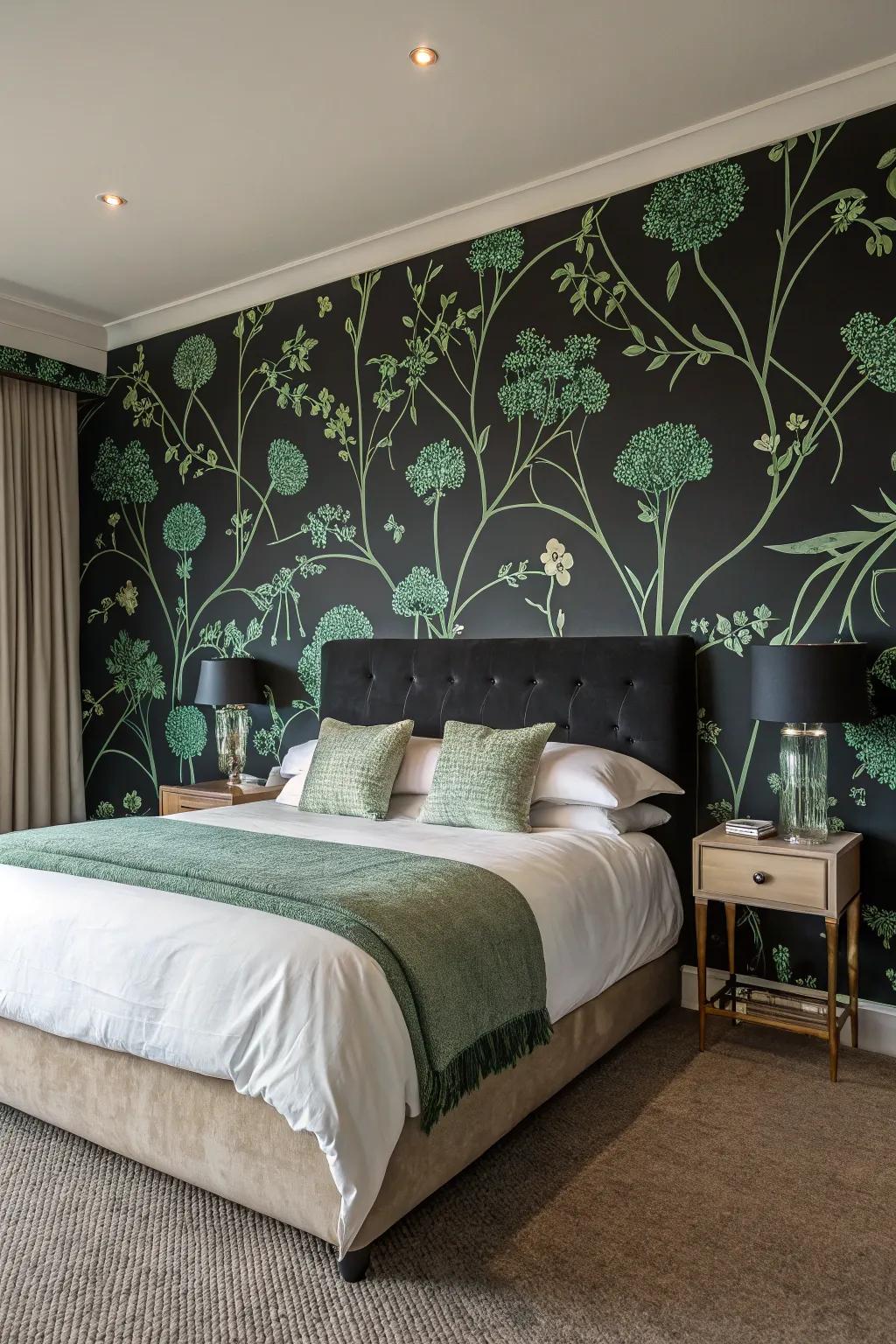Floral designs on charcoal wallpaper create a striking point of focus.