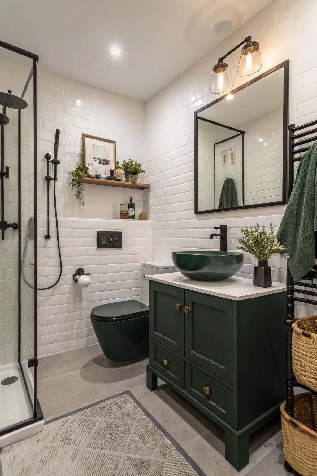 Dark green fittings add a fresh burst of color.