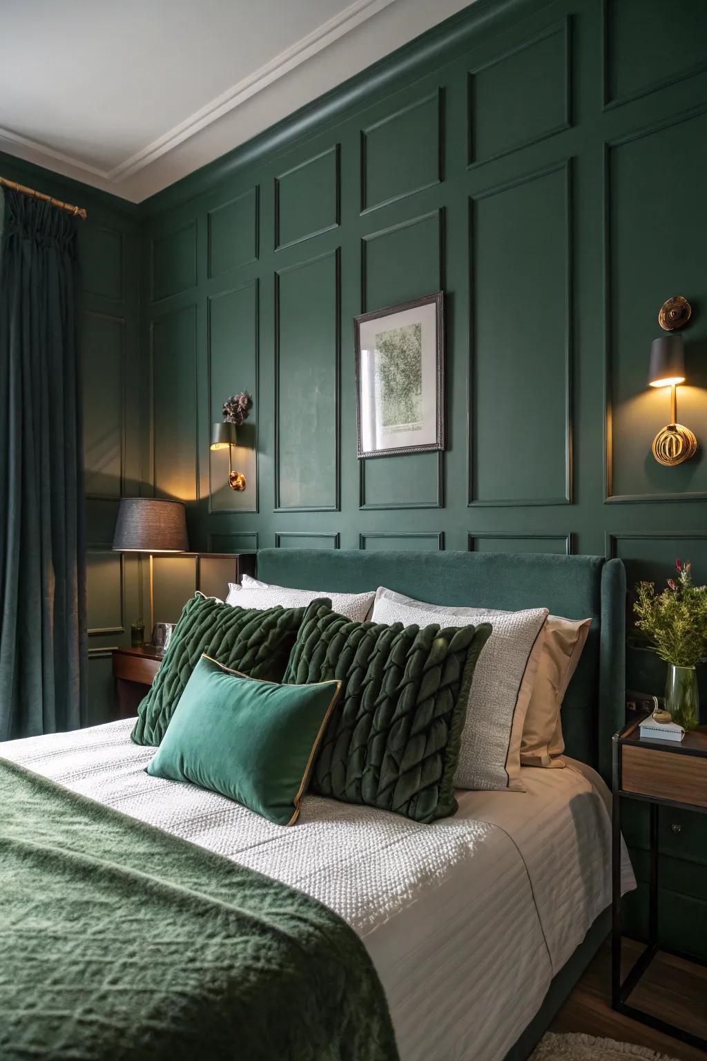 A dark green bedroom with hunter green accent pillows adding comfort and style.
