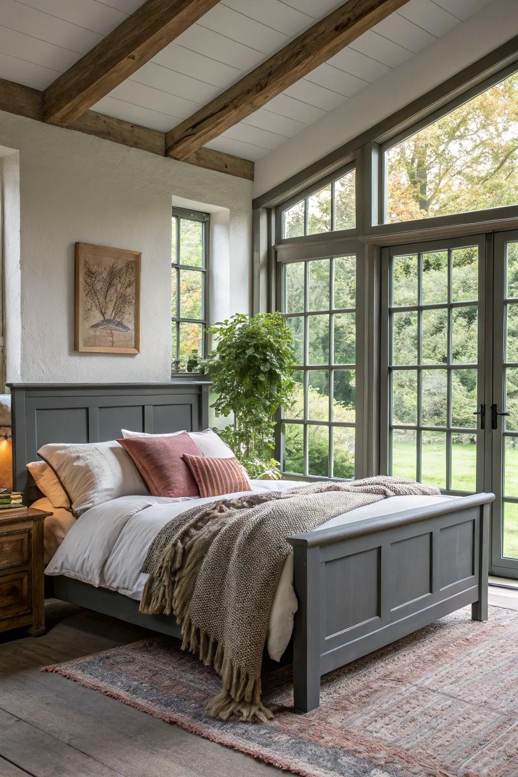 Inherent glow enhances the splendor of a shadowy grey bed frame.