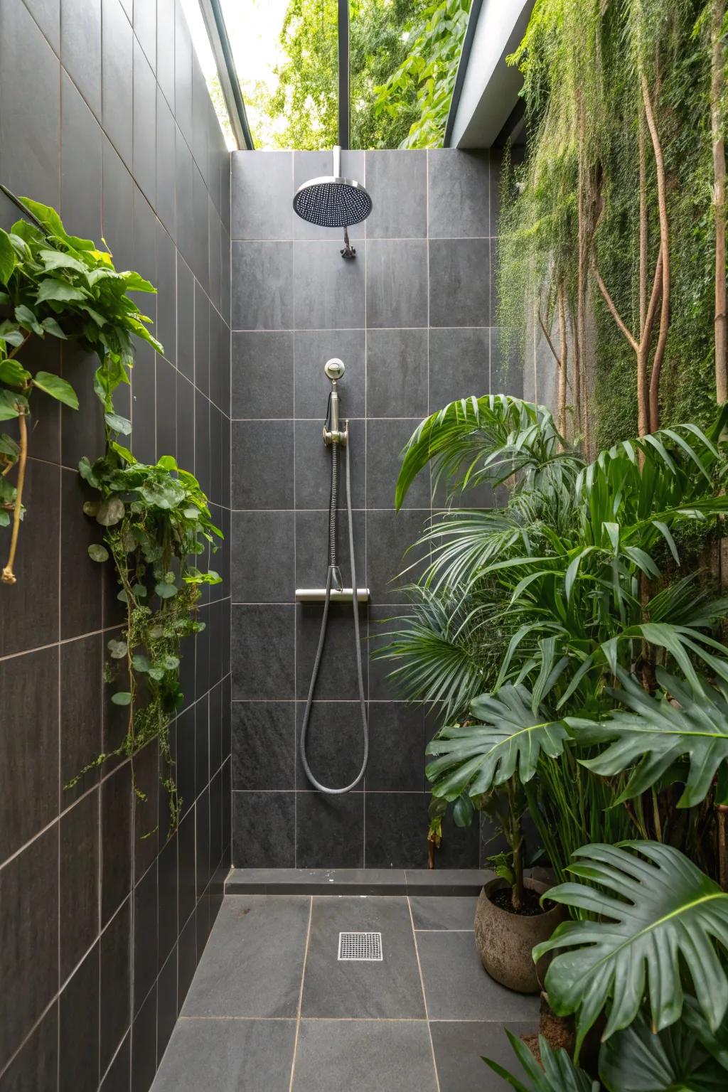 Plants add a refreshing touch to the deep charcoal shower tiles.