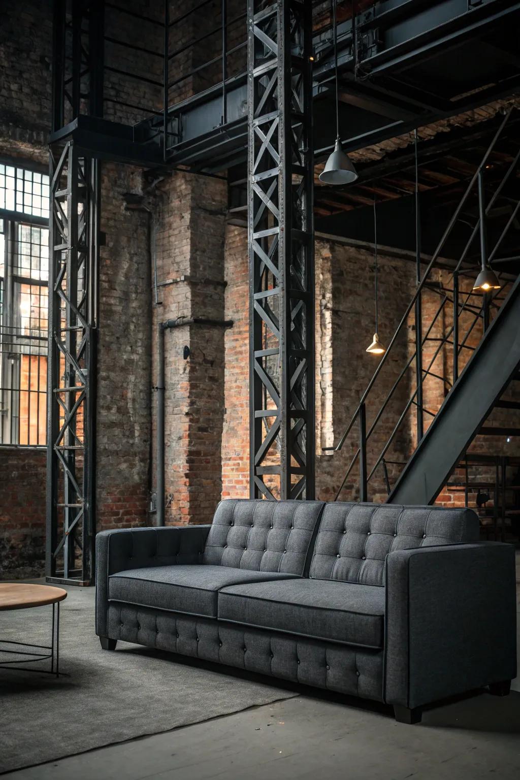 Industrial components impart a cutting-edge vibe to a grey loveseat design.