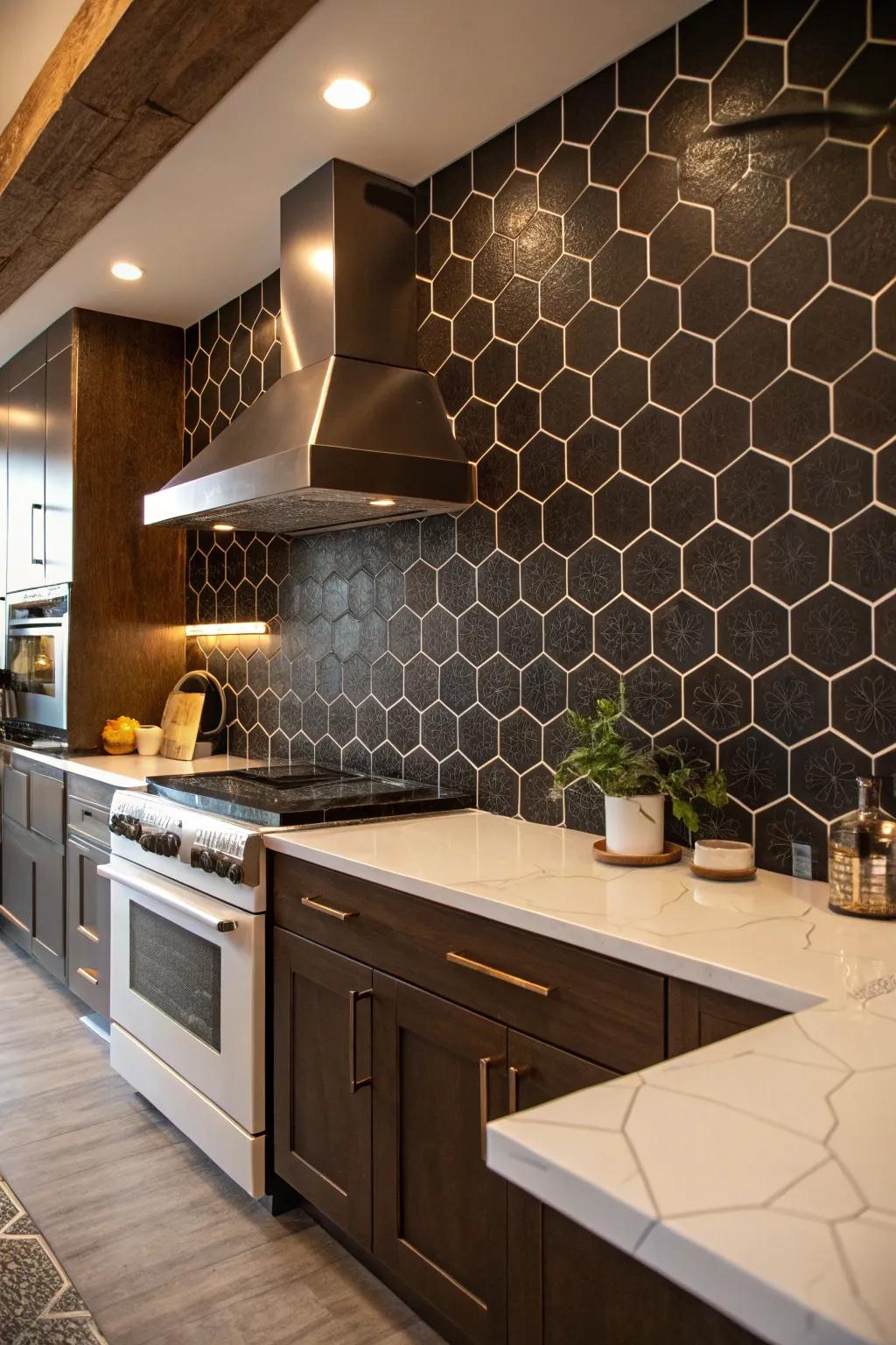 A kitchen elegantly appointed with a deep multi-sided tile backsplash.