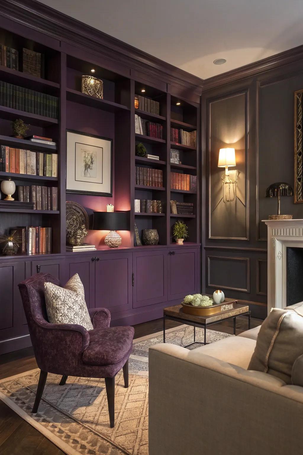 Deep violet shelving units add character and charm to this chic living space.
