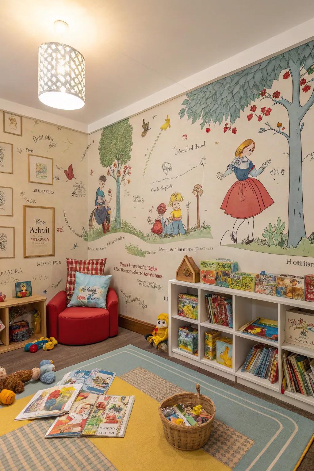 A daycare area with a comfortable classic storybook-themed wallcovering.