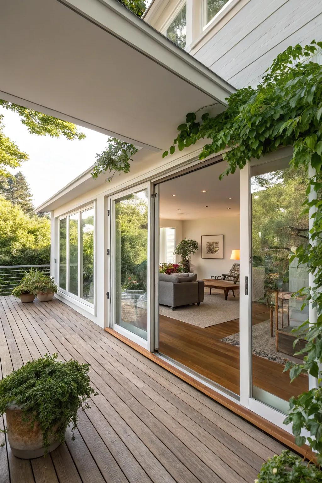 Sliding glass doors make a smooth change between inside and outside.
