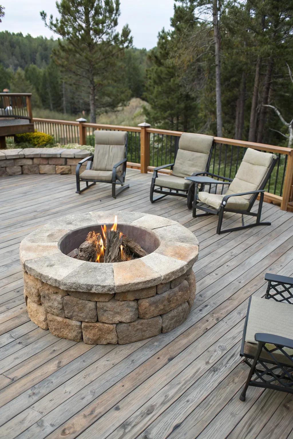 A stone circular fire feature brings rustic elegance to any patio setting.