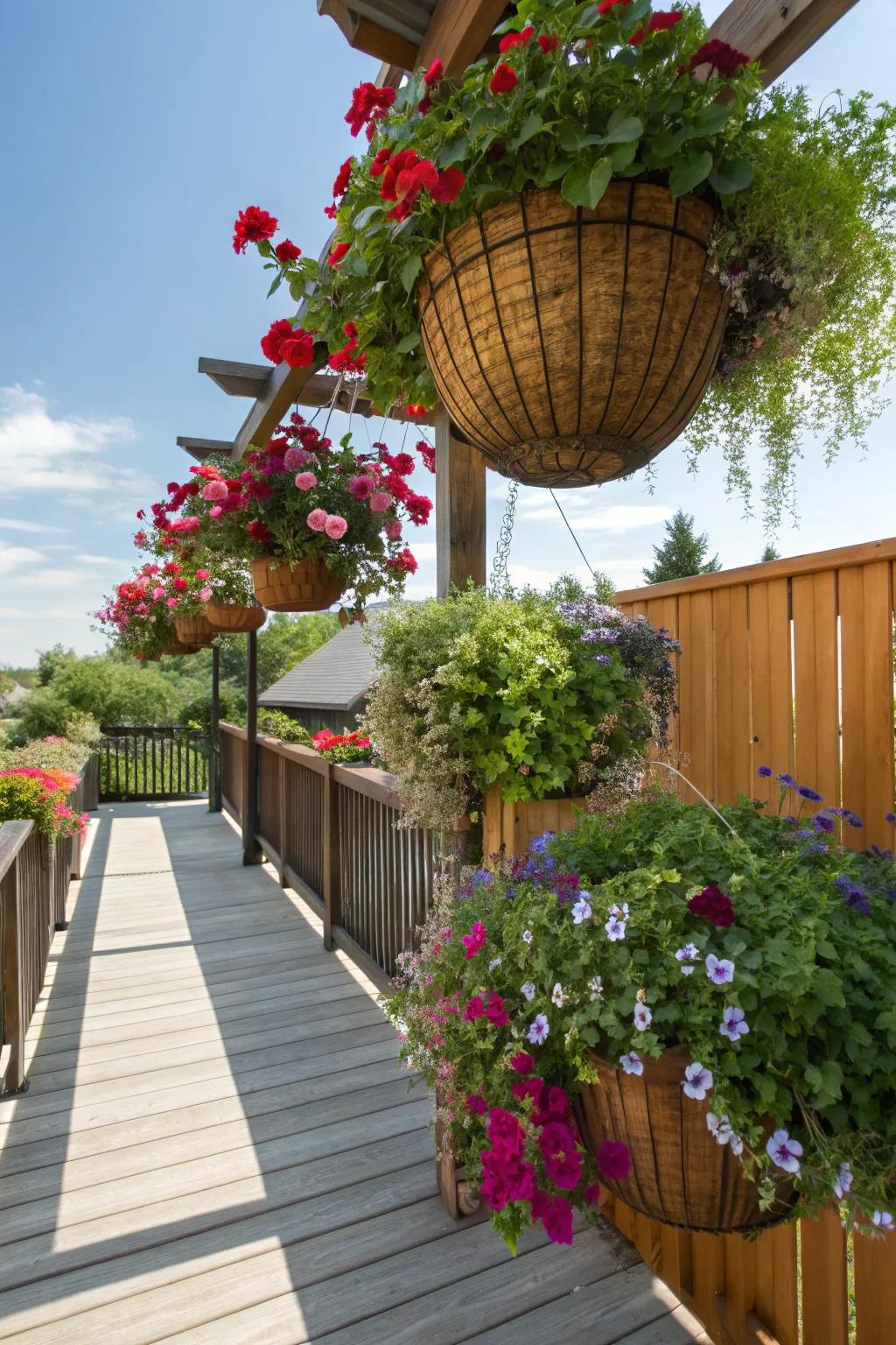 Hanging baskets add dimension and color to a deck.