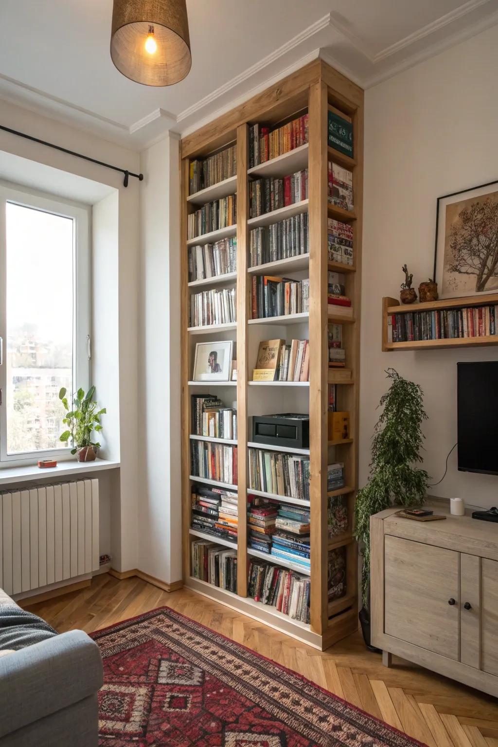Tall shelving can increase storage without taking up floor space.