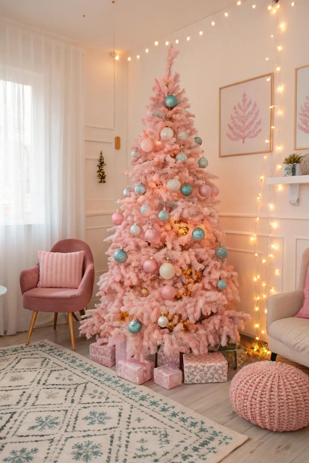 A joyful tree with an assortment of pastel decorations.