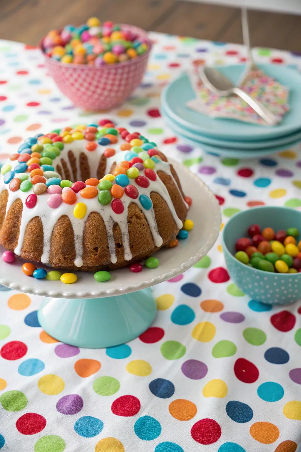 A bundt cake decorated with a collection of vibrant candies.