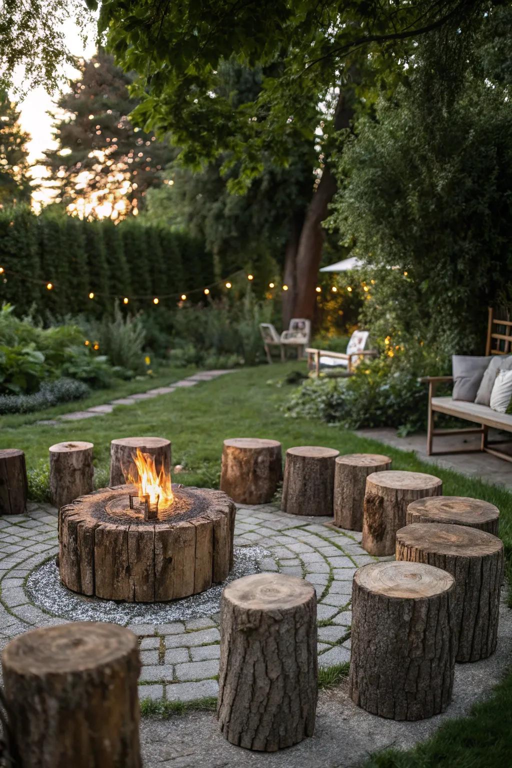 Gather around a cozy campfire with tree stump seating.