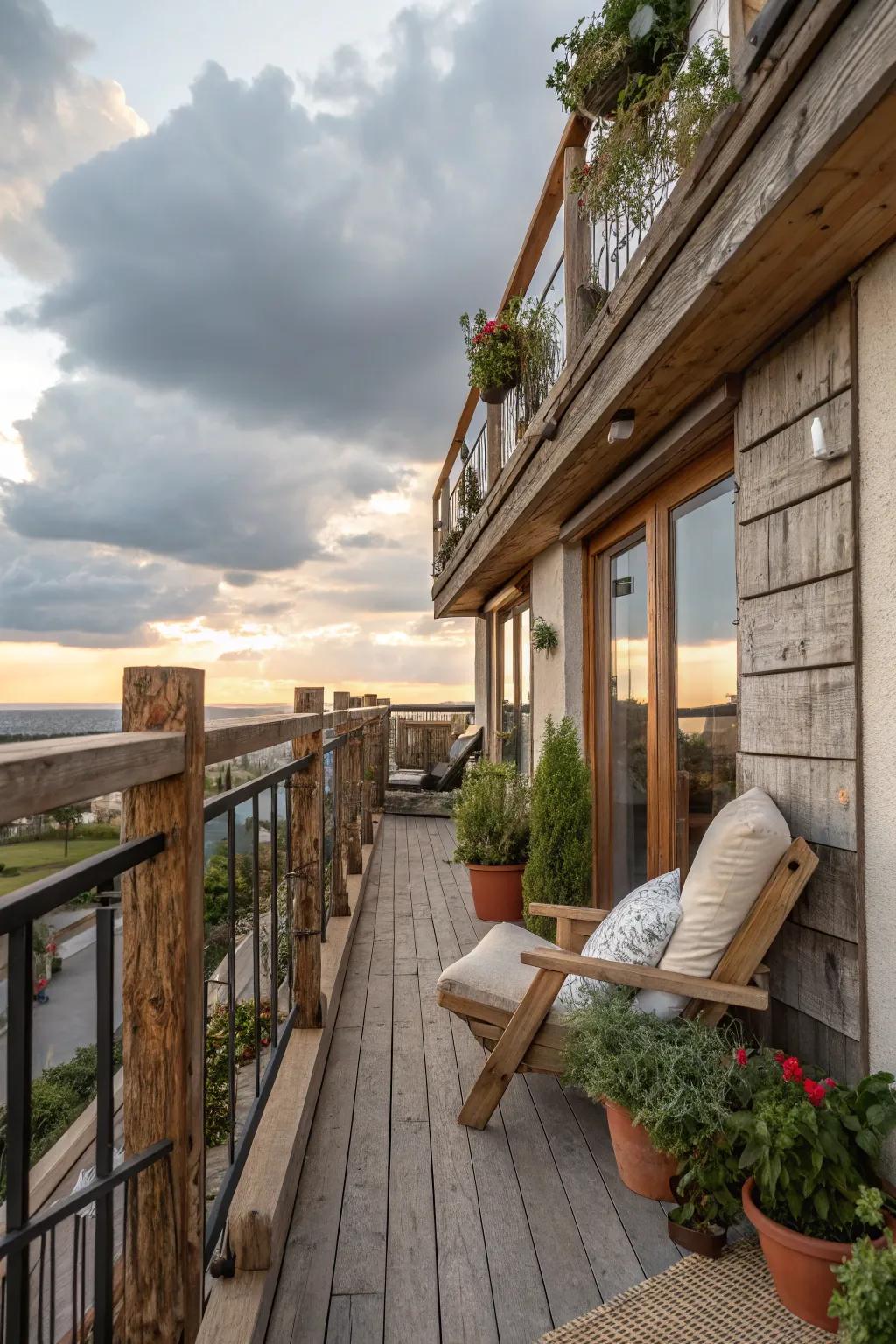 Exhibit rustic charm with reclaimed wood railings.
