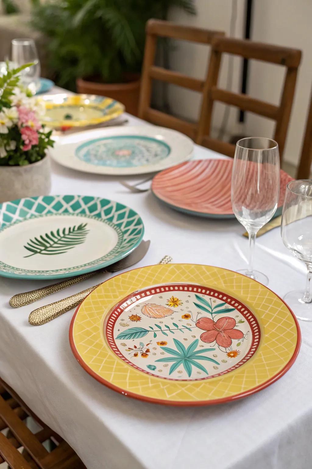 Hand-painted table protectors acting as artistic features.