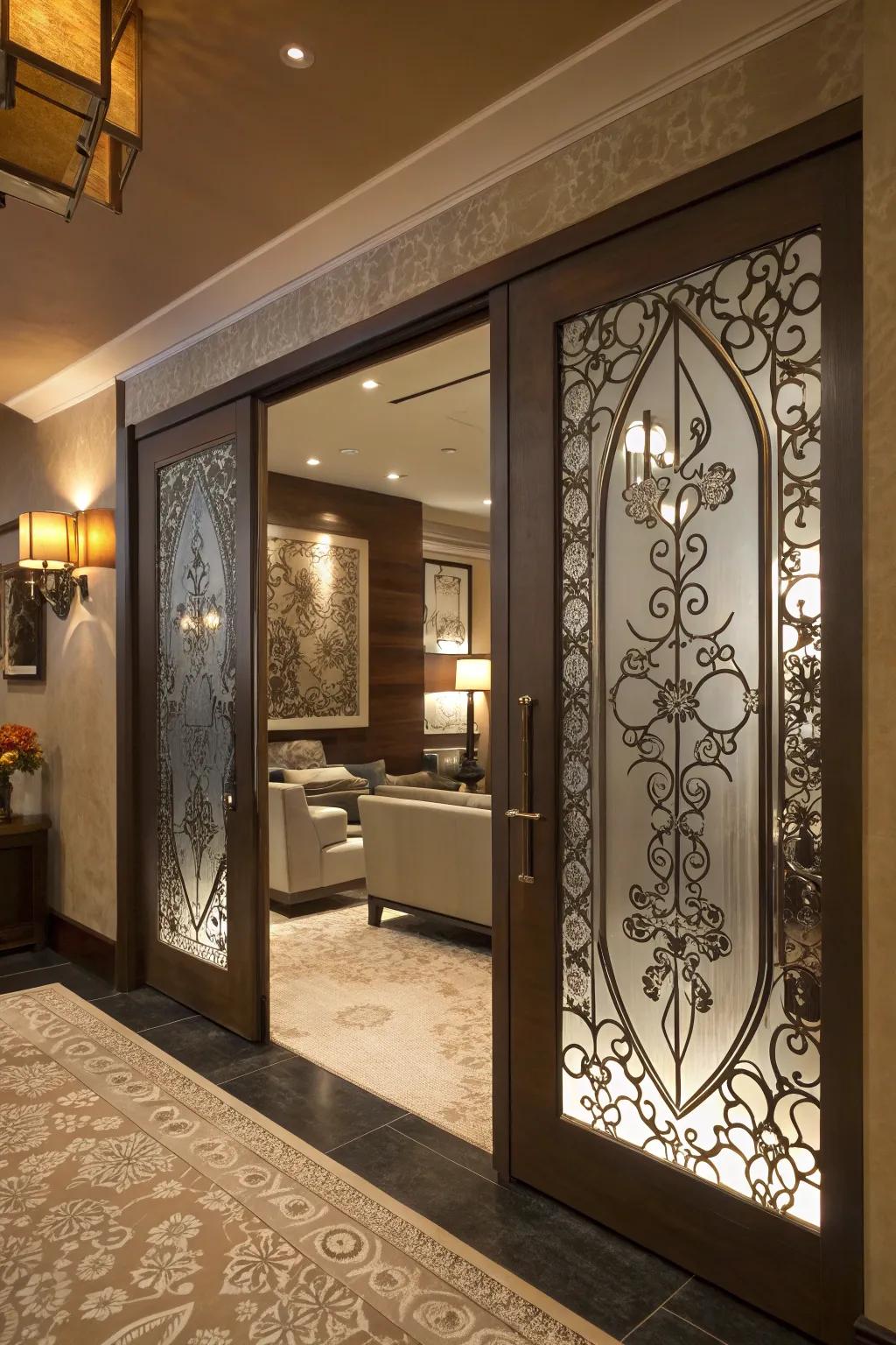 Inked glass doors infuse artistic style and privacy.