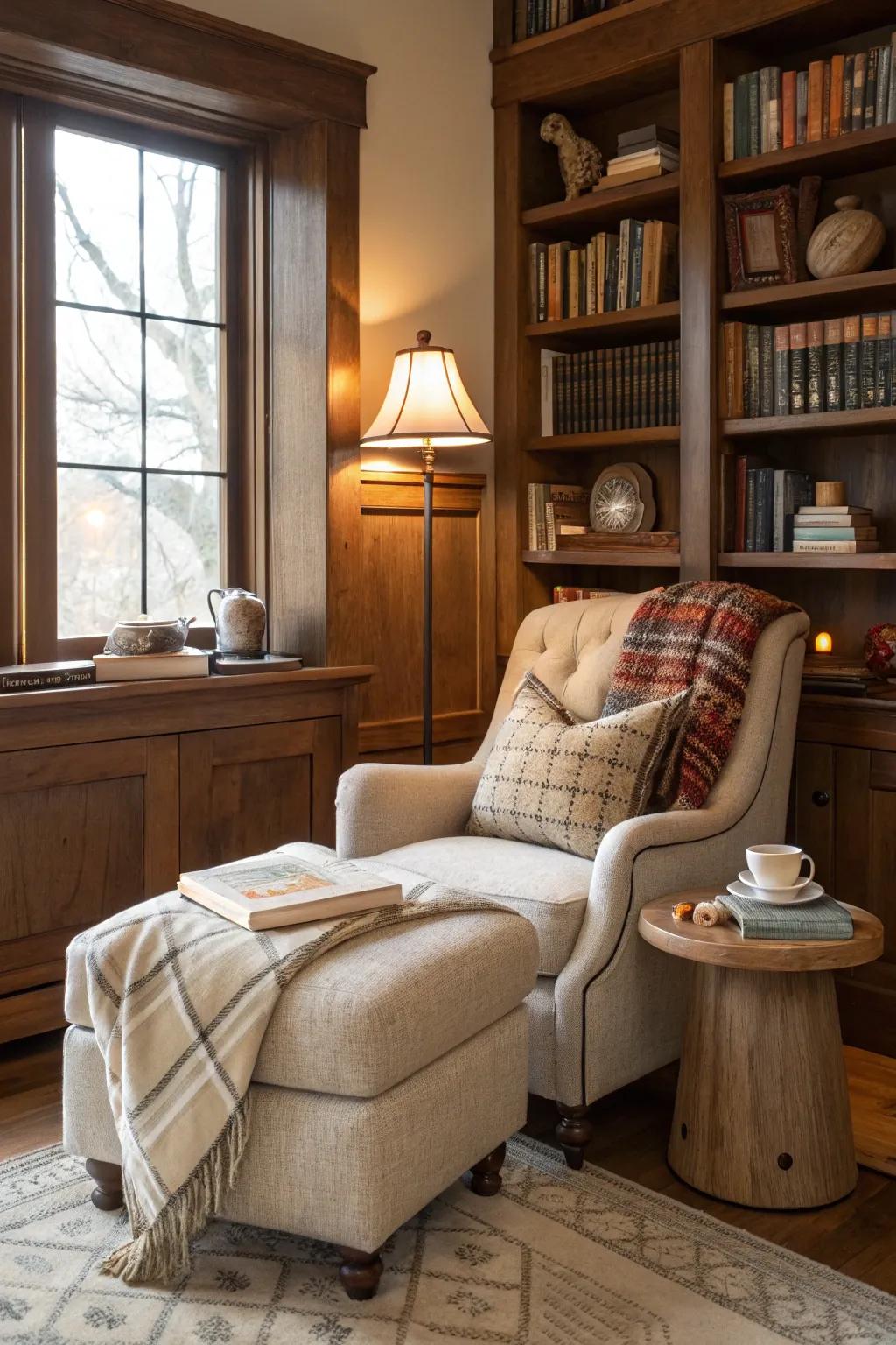 A reading nook offers a tranquil getaway.