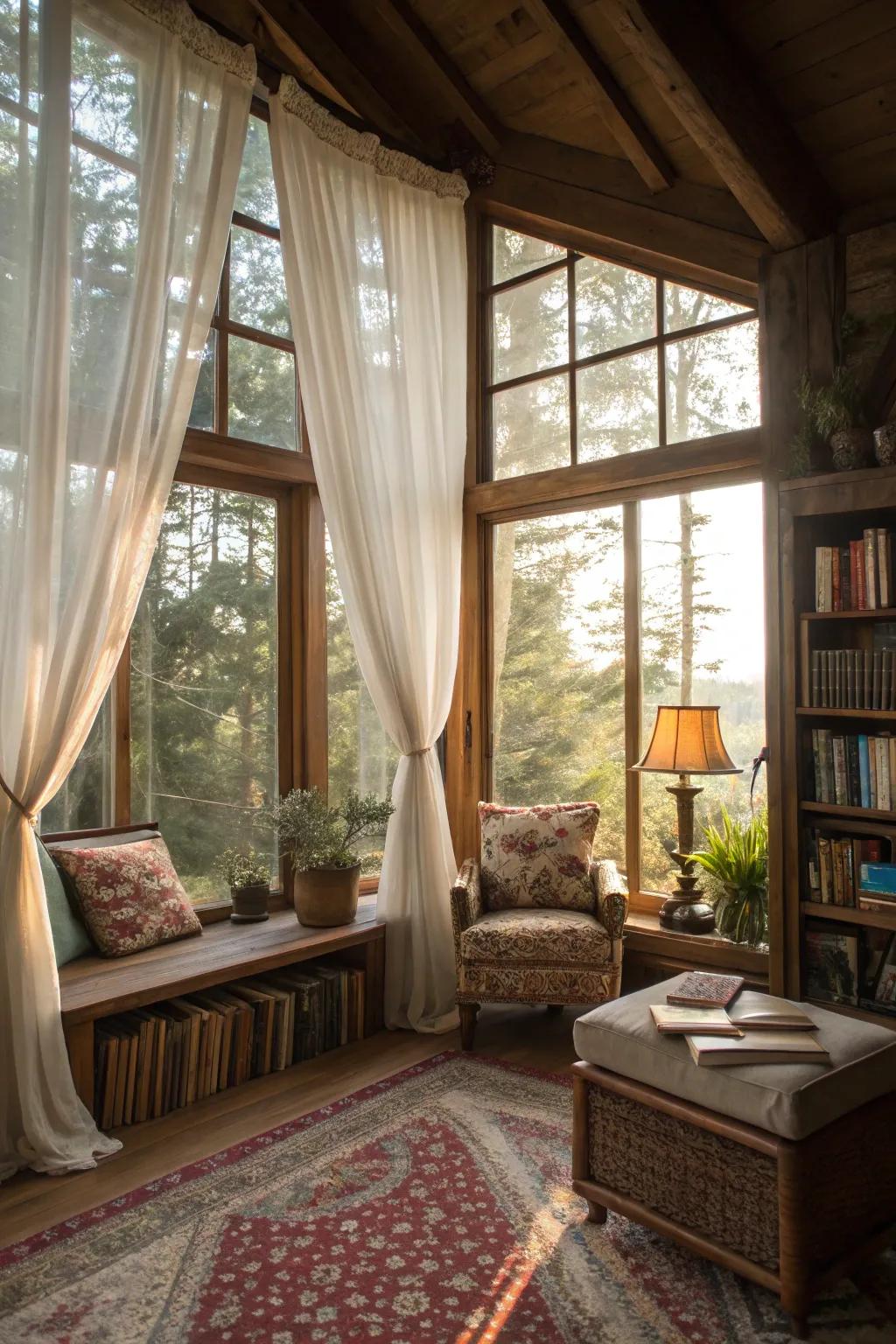 A radiant den suffused with natural radiance streaming through expansive portals.