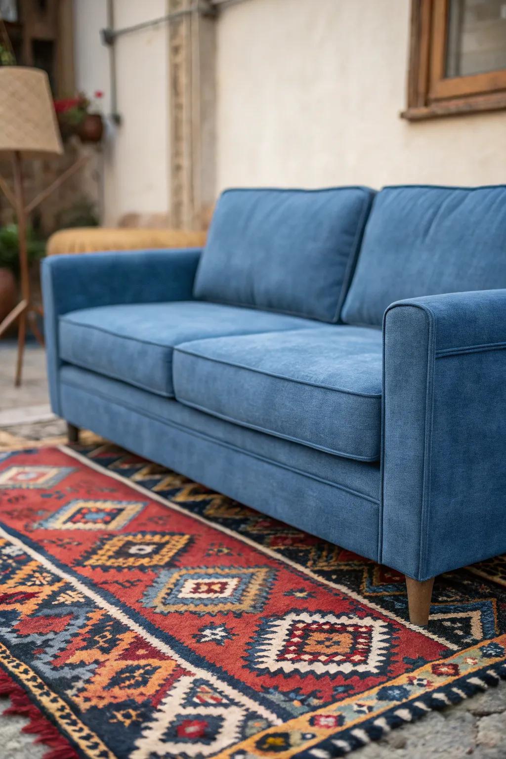 A daring ground covering anchors the area near a cerulean settee.