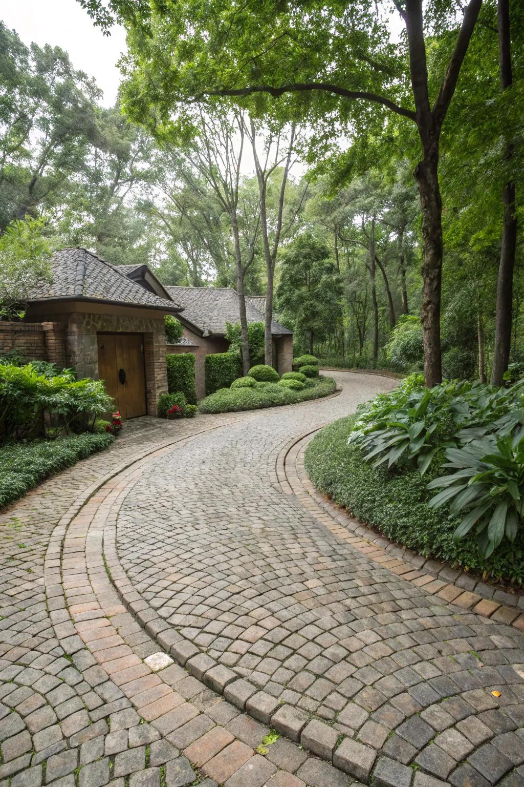 Cobblestones introduce timeless appeal and texture to this picturesque driveway.