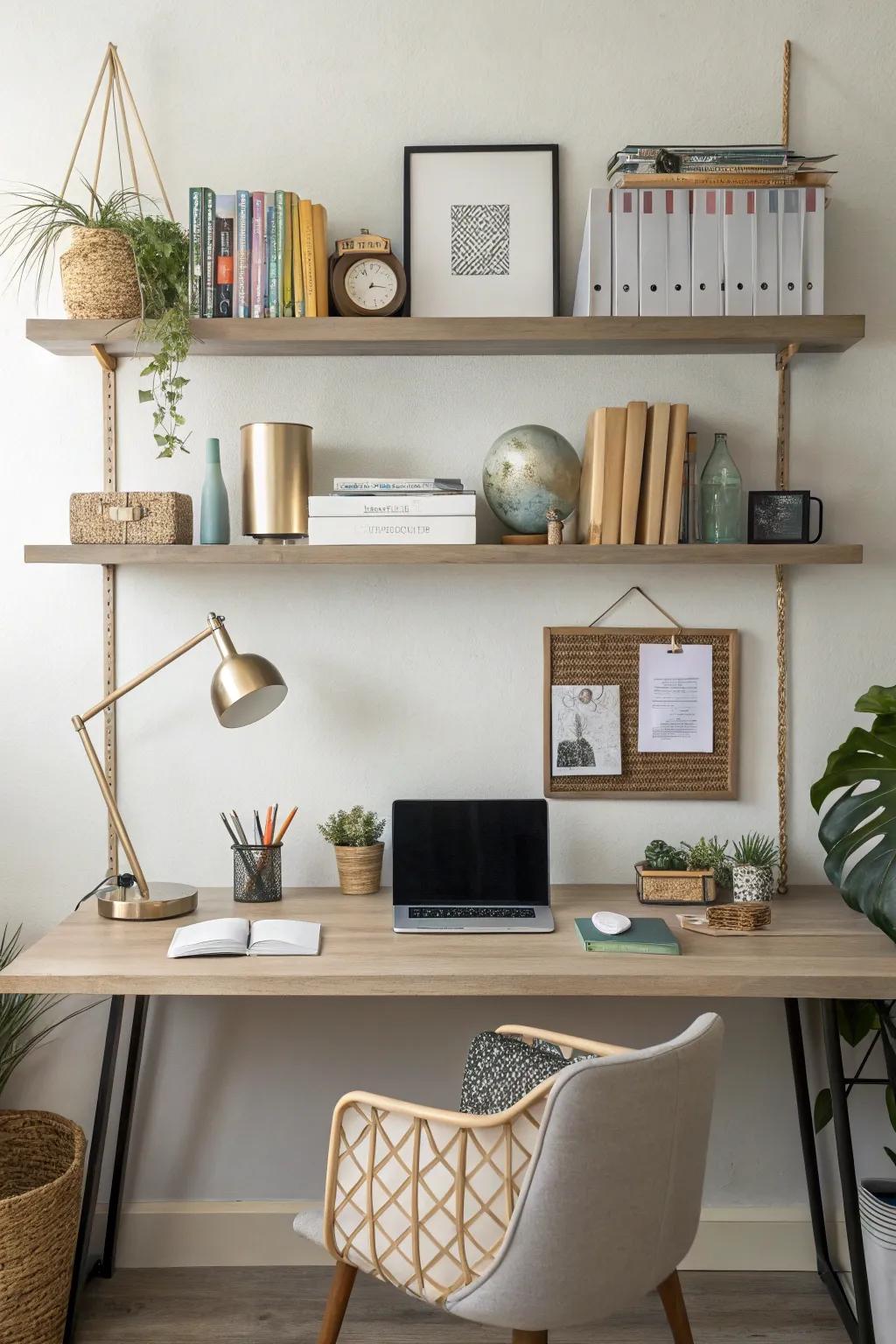 Hanging shelves for a balanced workspace.