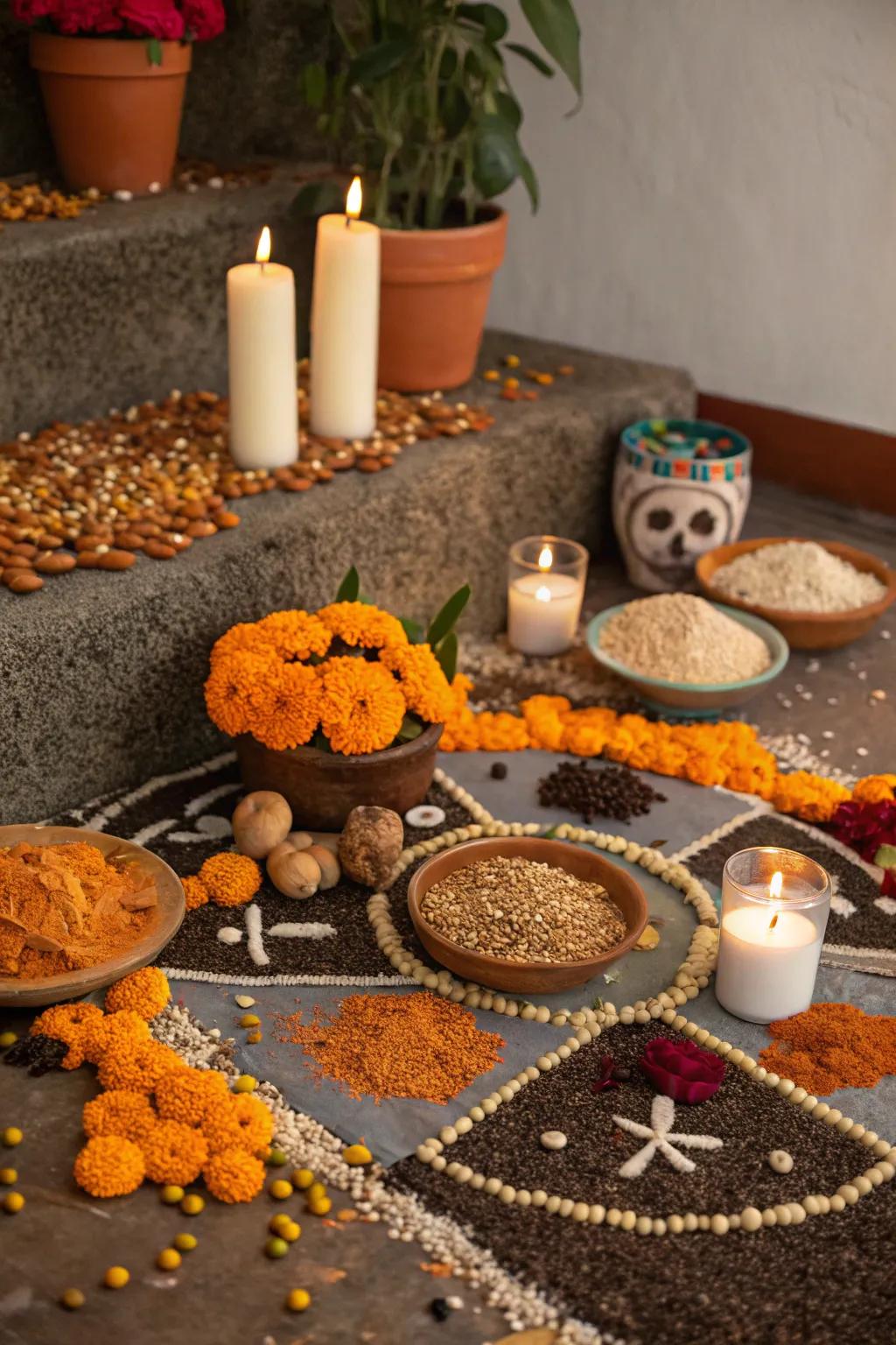 Seeds and grains symbolize nourishment and abundance.