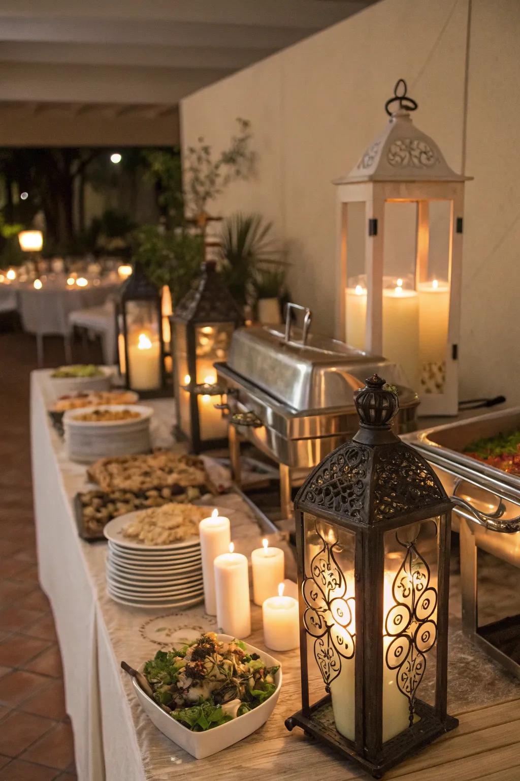 Candles cast a warm and inviting glow over this buffet.