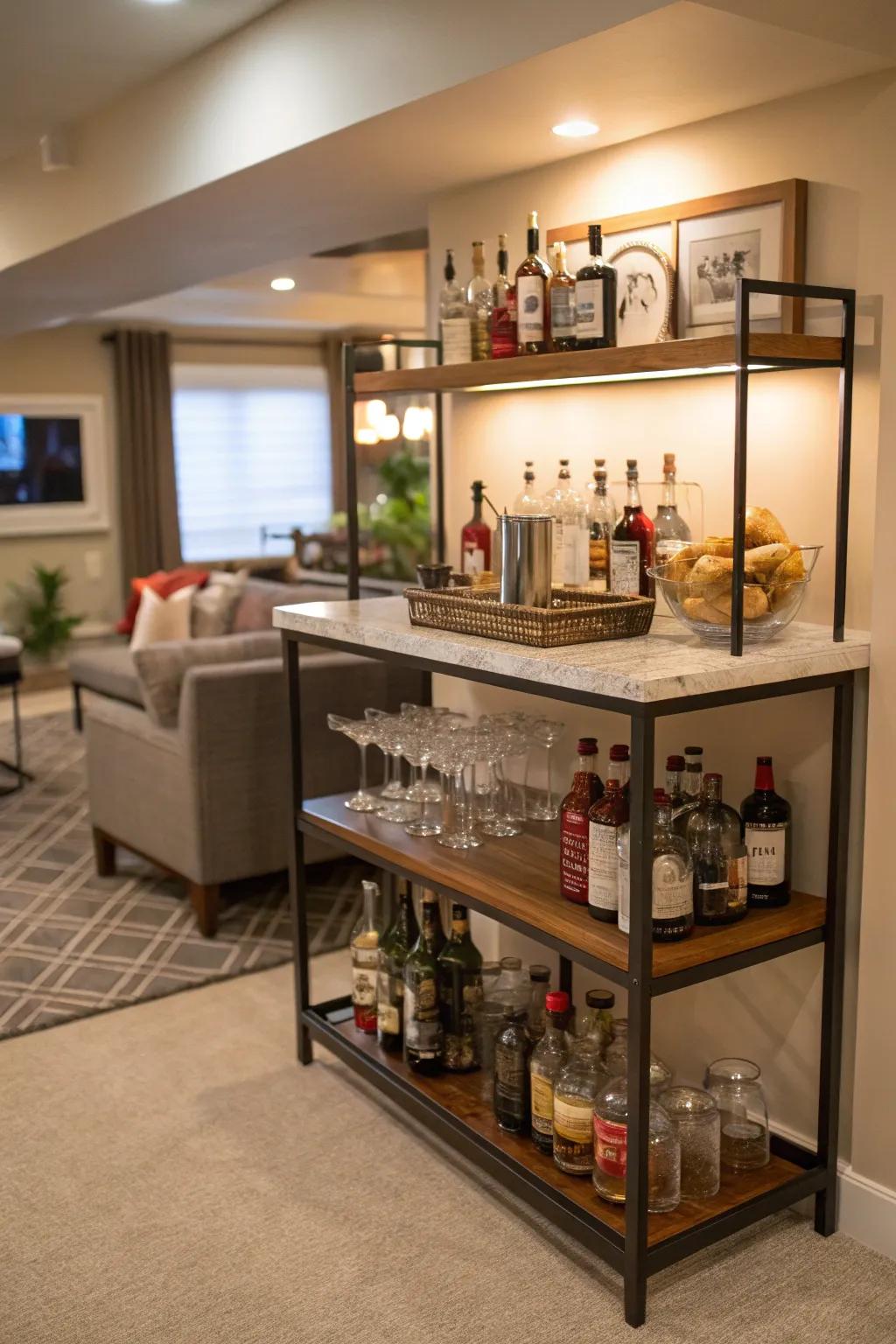 A home bar adds an entertaining twist.