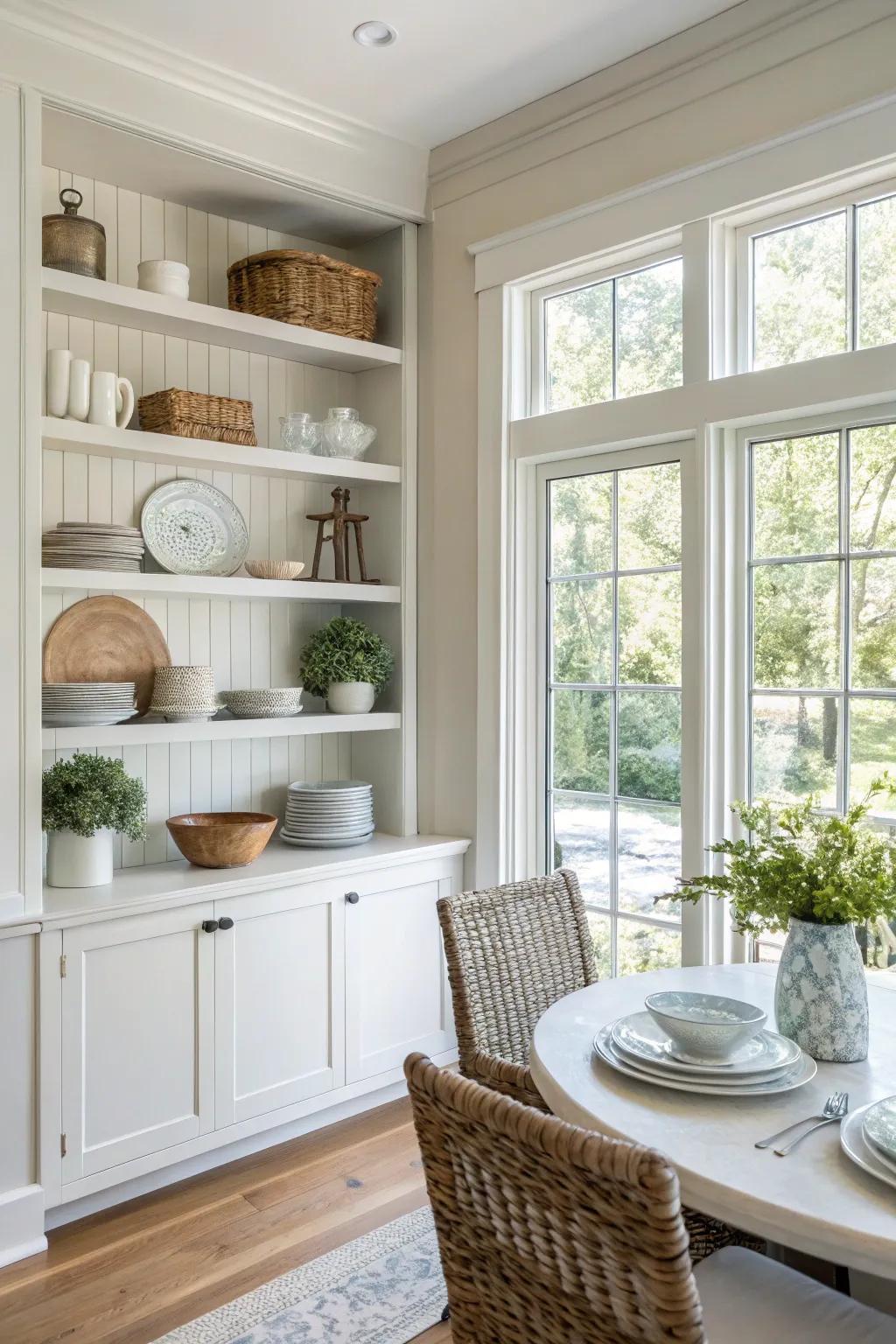 Exposed shelving offers simplicity and encourages creative displays.