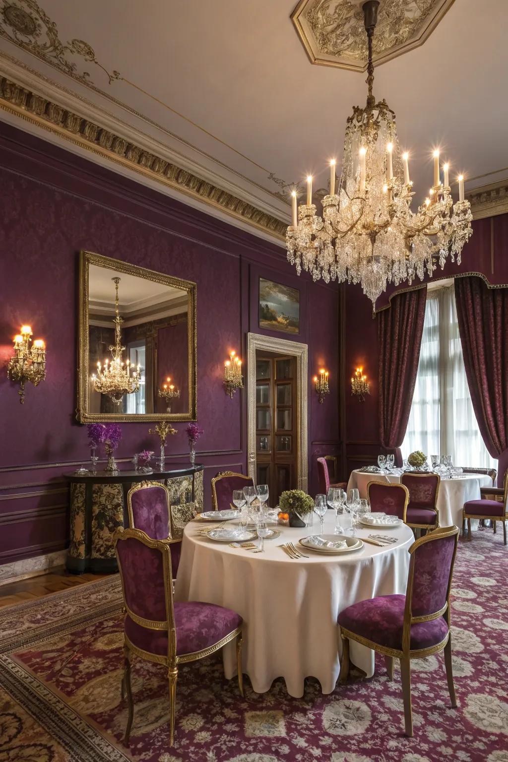A regal dining space is enveloped in the luxury of deep purple.