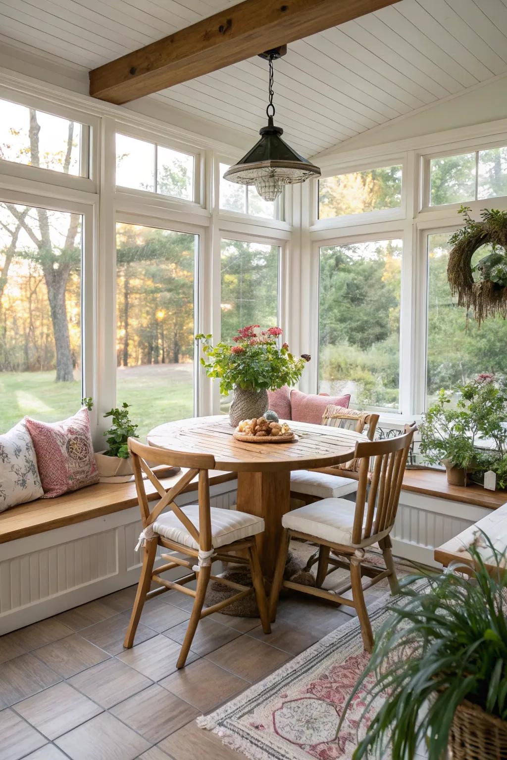 A reimagined sunroom as a dining corner merges functionality with creativity.