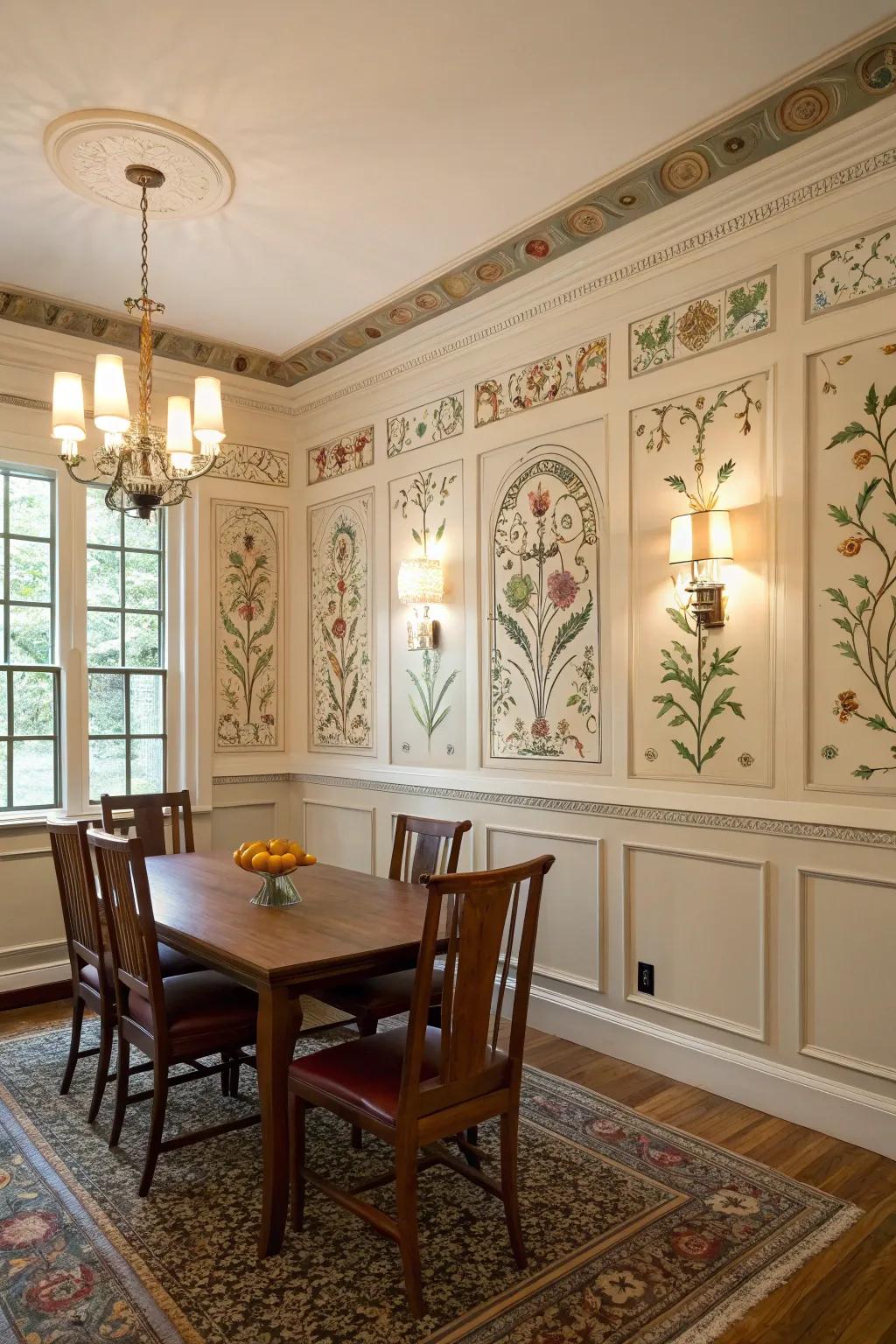 The dining room walls become a canvas of creativity through artistic wainscoting.