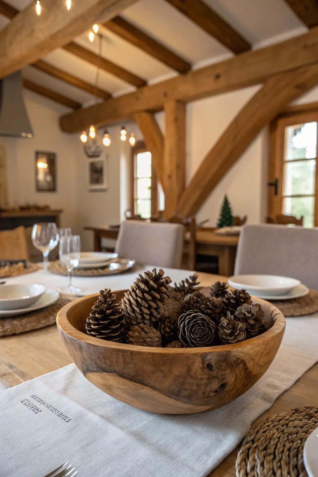 Grounded sophistication: Wooden bowls add a rustic touch.