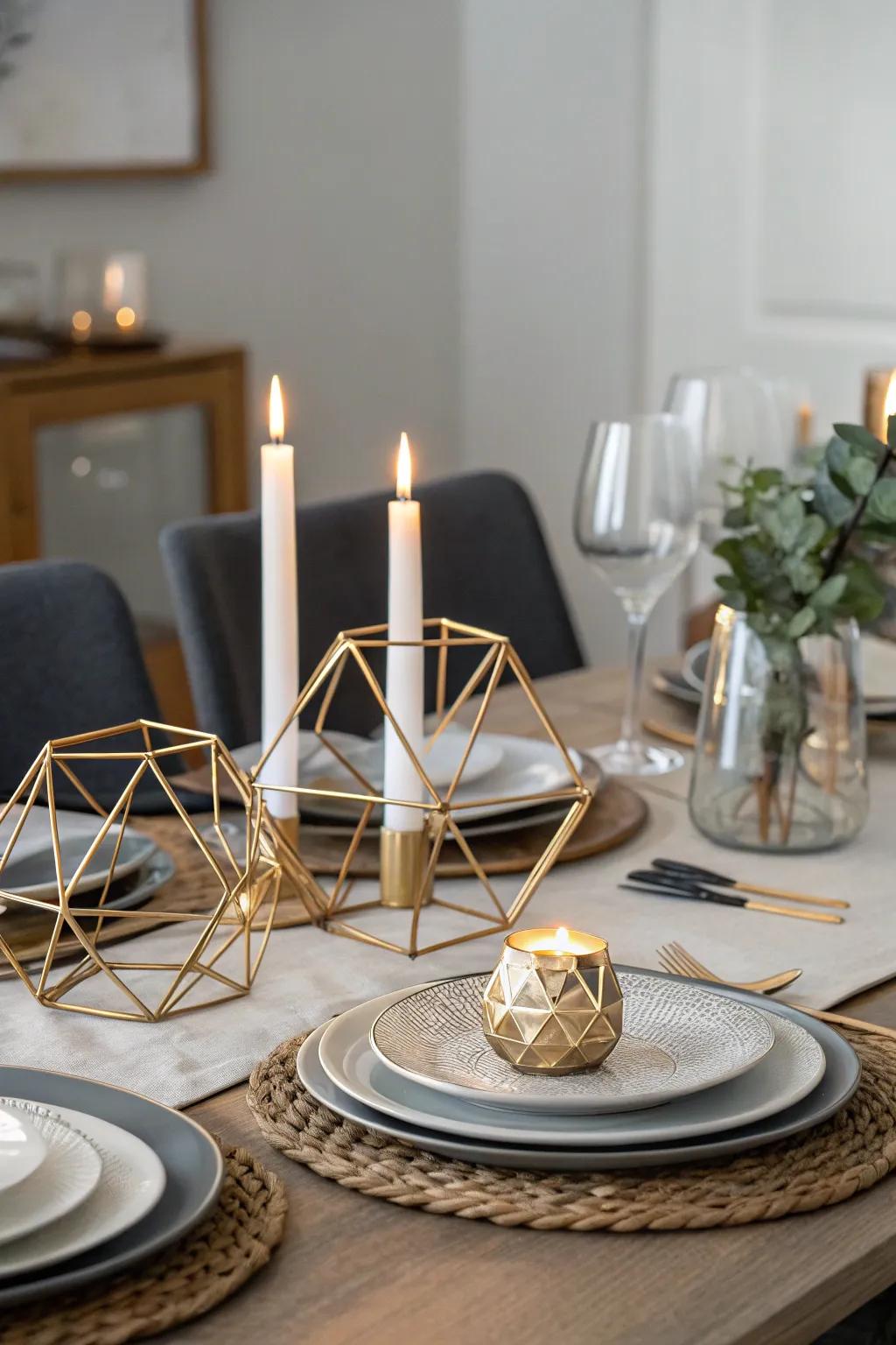 Geometric patterns inject a modern flair into traditional dining table arrangements.