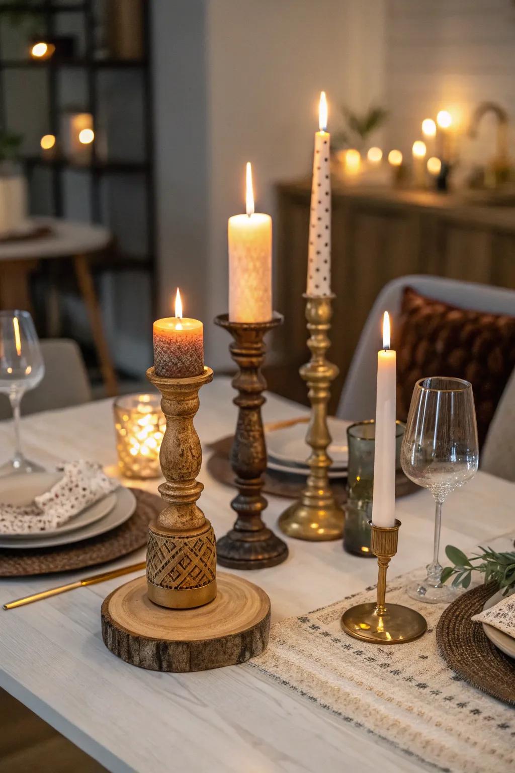 A dining table adorned with a medley of assorted candle holders.