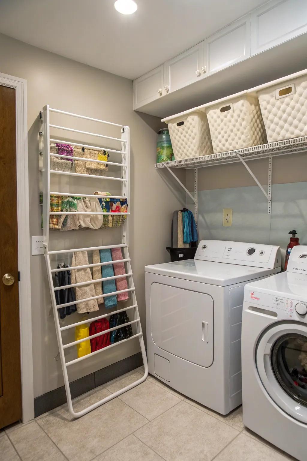 Fold-out racks offer a area-saving solution for drying clothes.