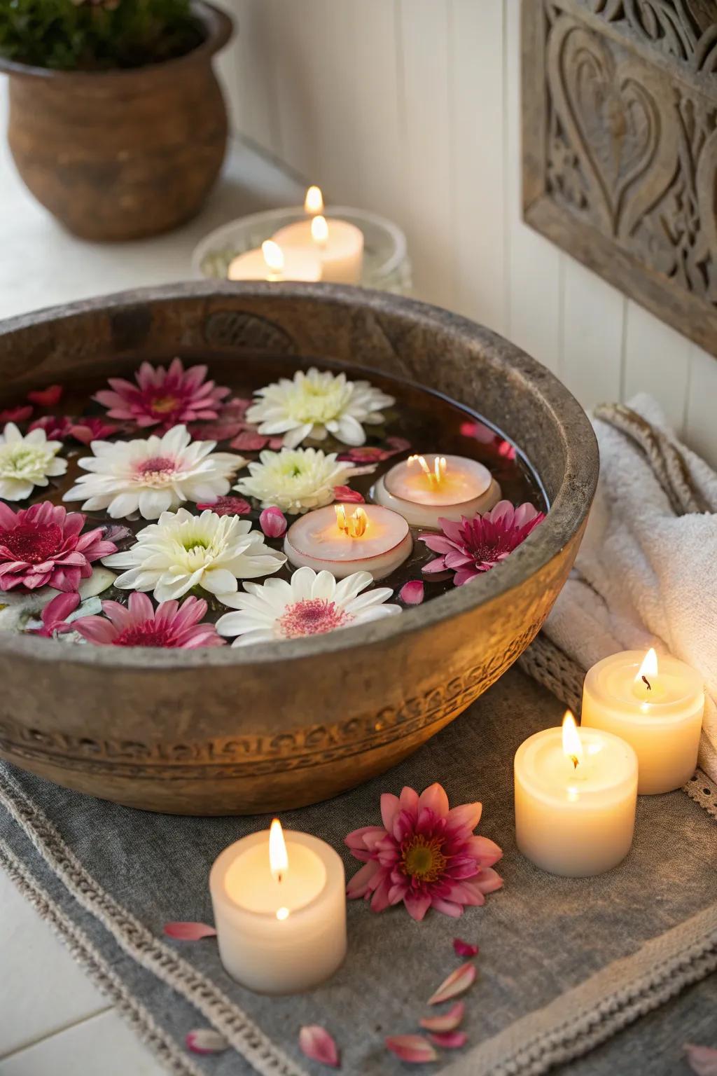 Floating flower bowls bring serenity and beauty.