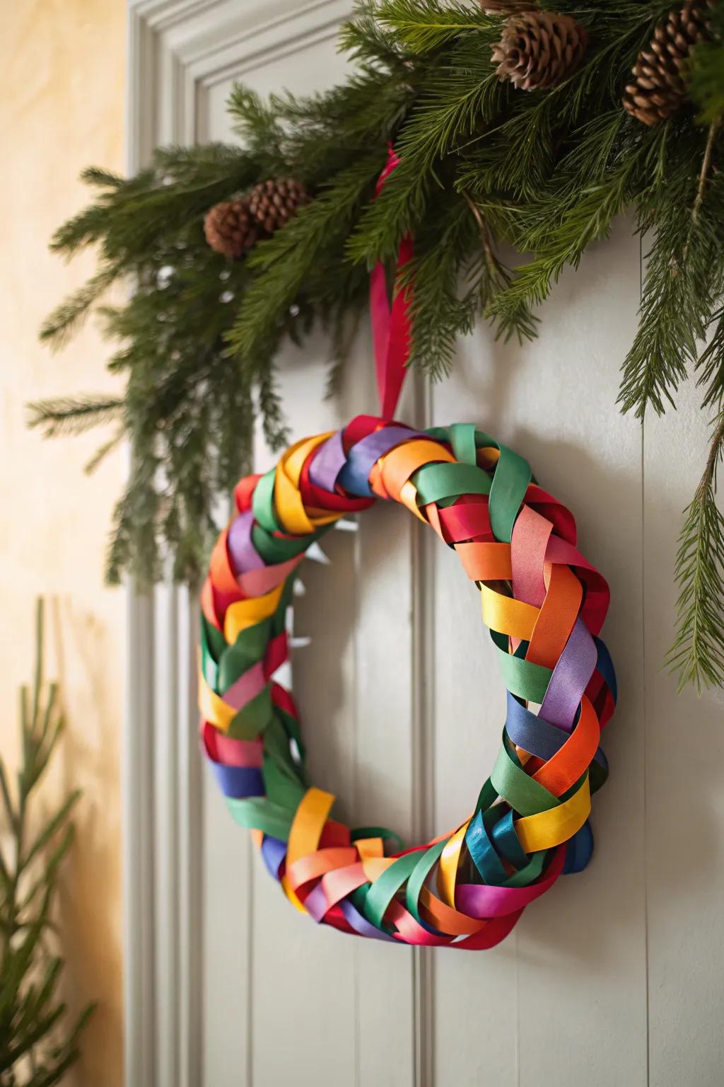 Impart a cascade of hues upon your holiday embellishments through this vibrant band wreath, impeccably suited for a minimalist yet playful inflection!